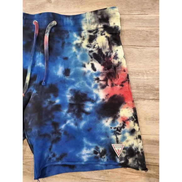 GUESS Tie Dye French Terry Cloth Sweat Shorts 7" Inseam Frayed Hem Sz L - Picture 6 of 16